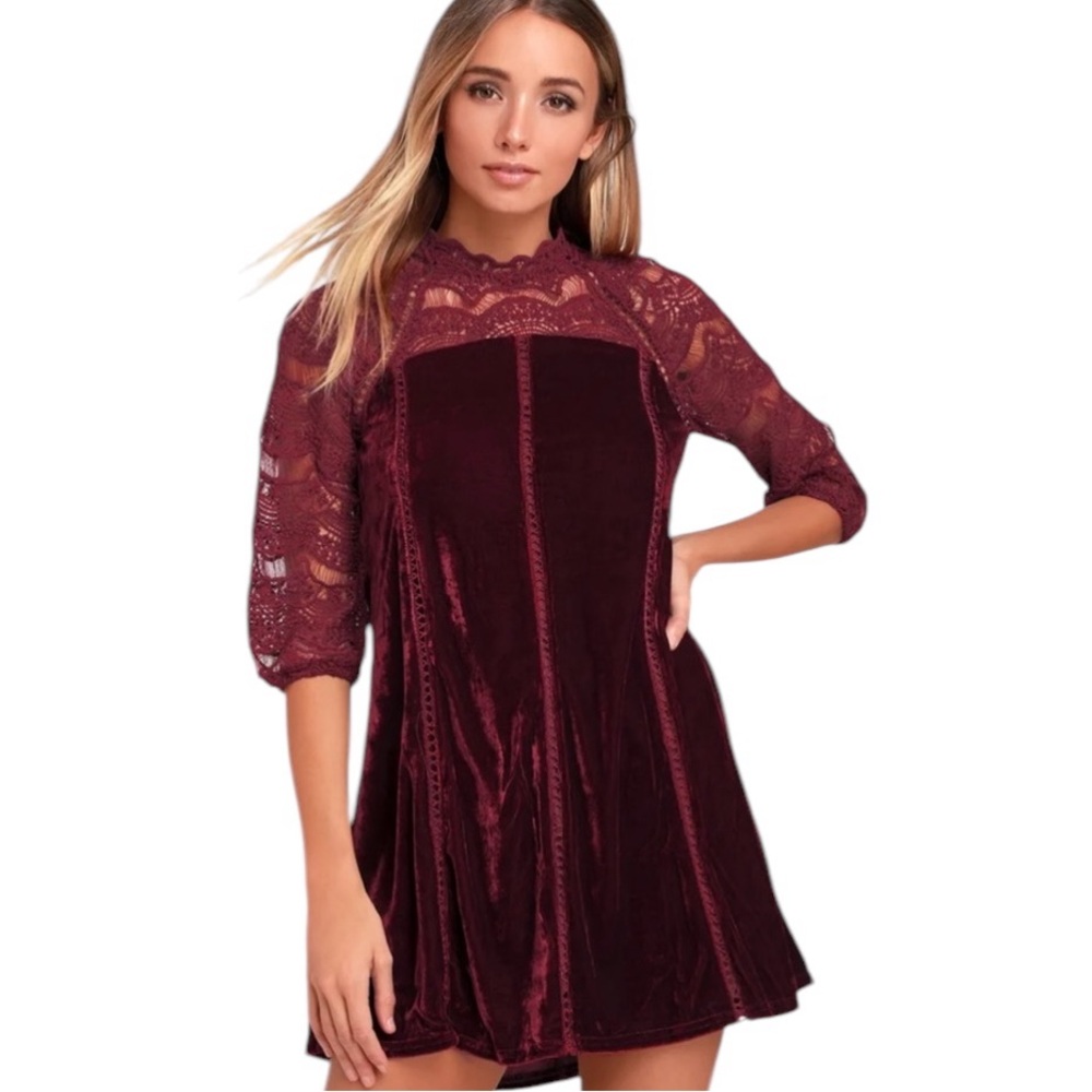 Lulus Love Me Always Dress Burgundy Velvet  Crocheted Lace Sleeves Shift Sz XS